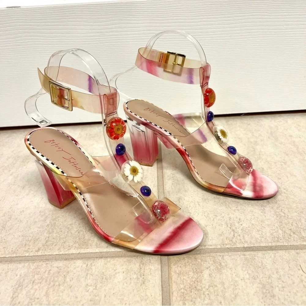 BETSY JOHNSON Floral Transparent Blocked Heels sandals womens size 7.5M romatic